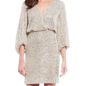 Eliza J - Allover Sequin Faux Wrap Blouson Dress